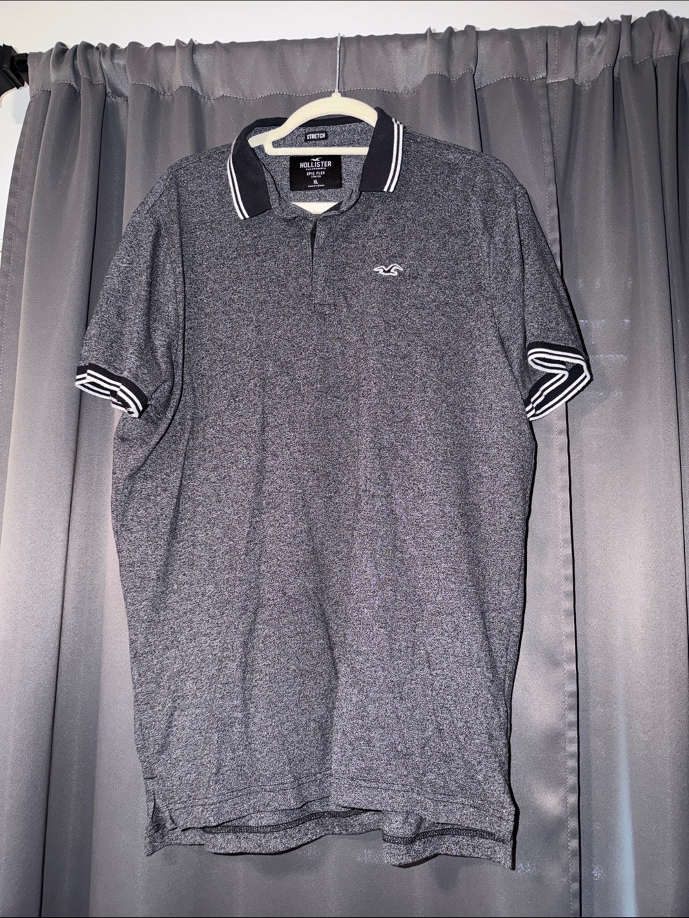 Hollister Men's Charcoal Heather Polo with Striped Trim